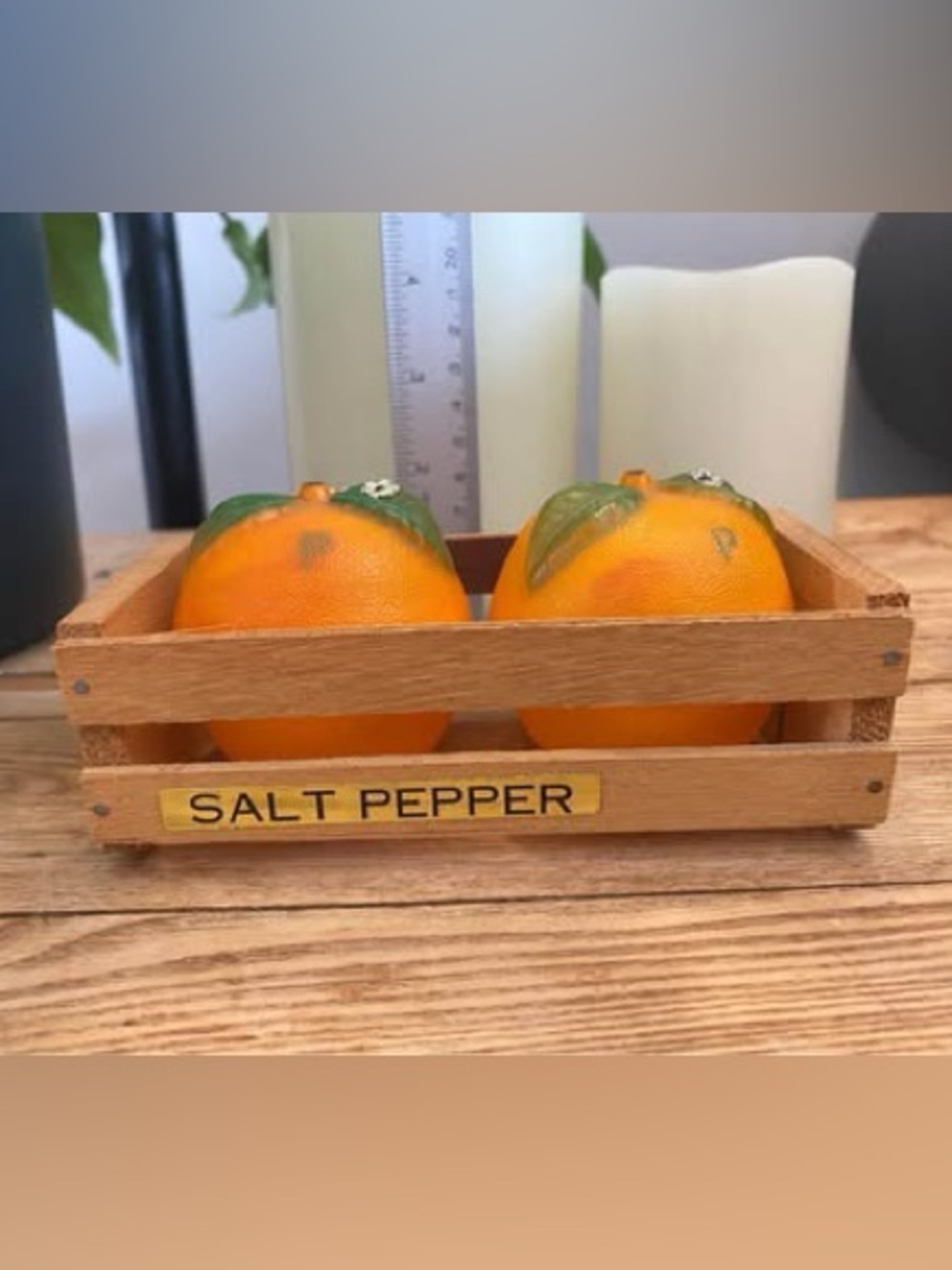 Vintage MCM Orange Fruit Salt and Pepper Shaker Set with Wooden Crate Hong Kong